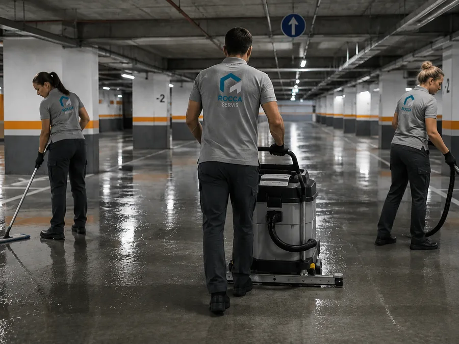 Equipo de ROCCA SERVIS limpiando un garaje subterráneo