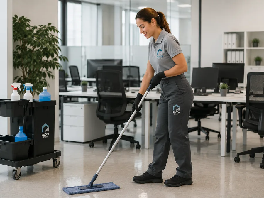 Empleada de ROCCA SERVIS fregando el suelo de una oficina moderna