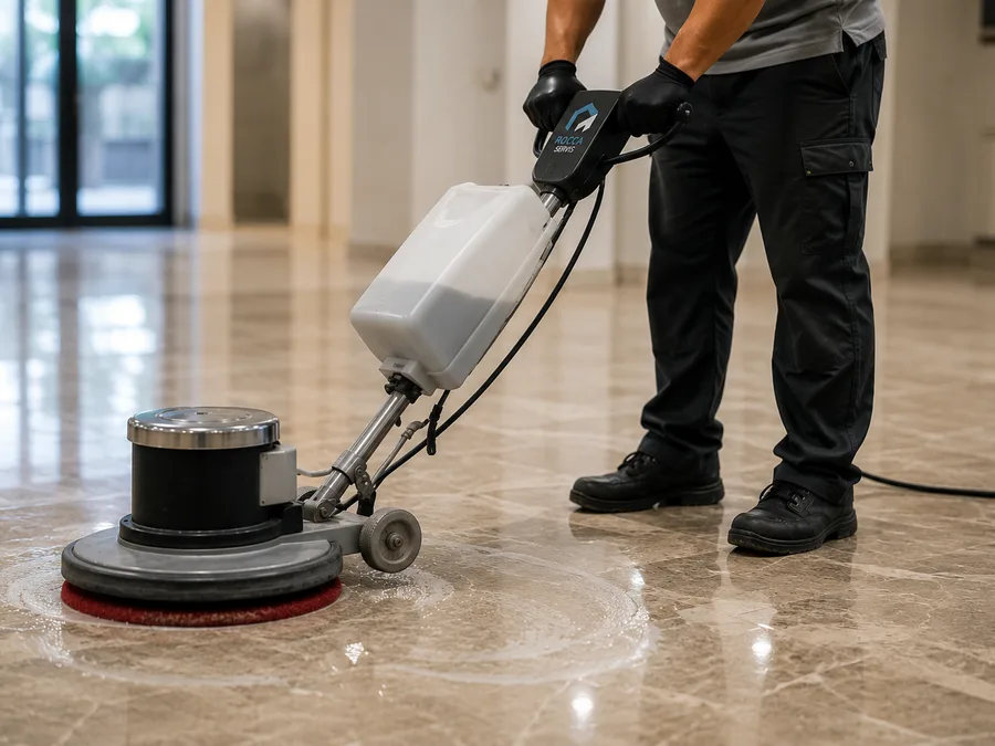 Empleado de ROCCA SERVIS abrillantando un suelo de mármol con máquina rotativa