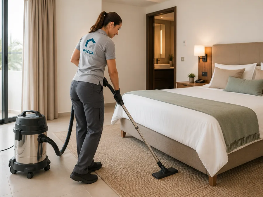 Empleada de ROCCA SERVIS aspirando una habitación de una vivienda vacacional